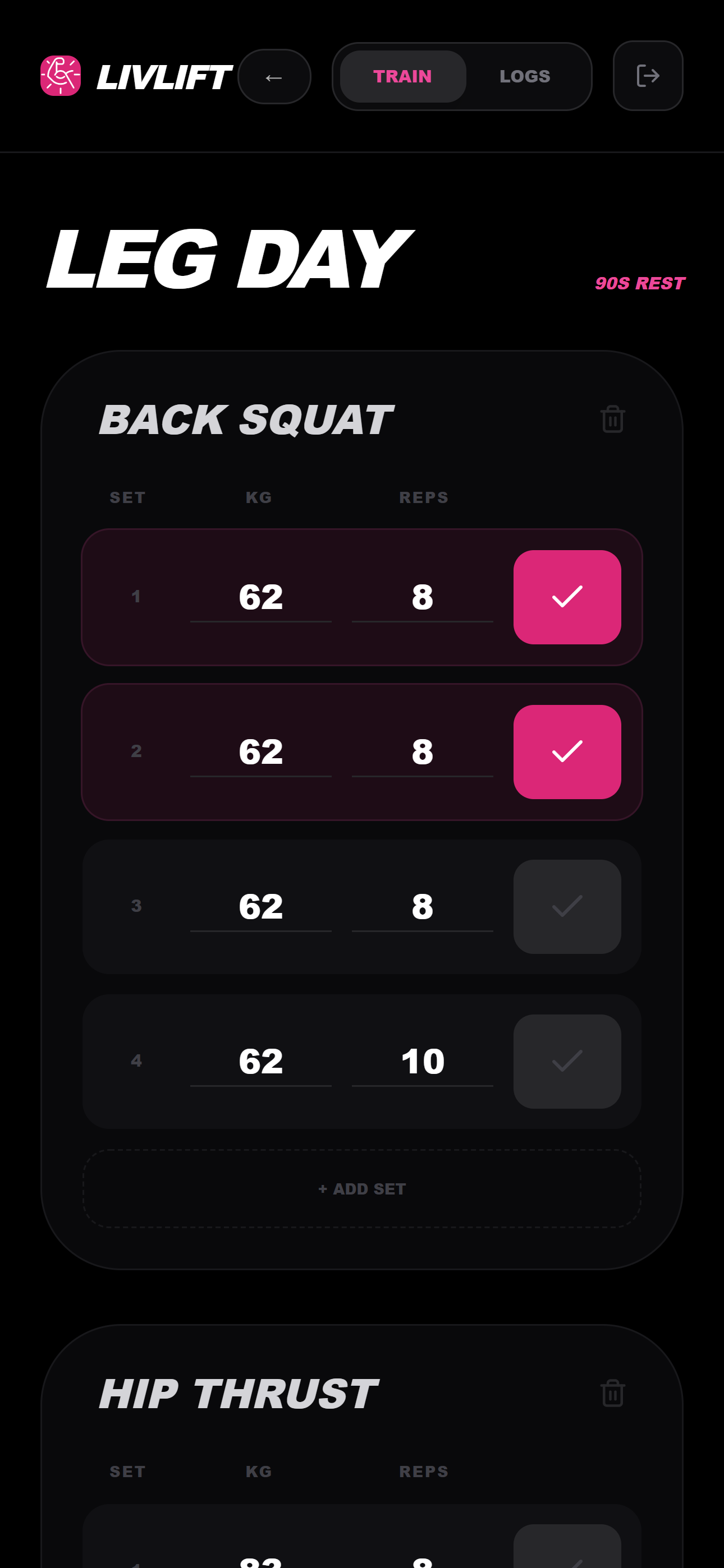 Leg day workout logging screen